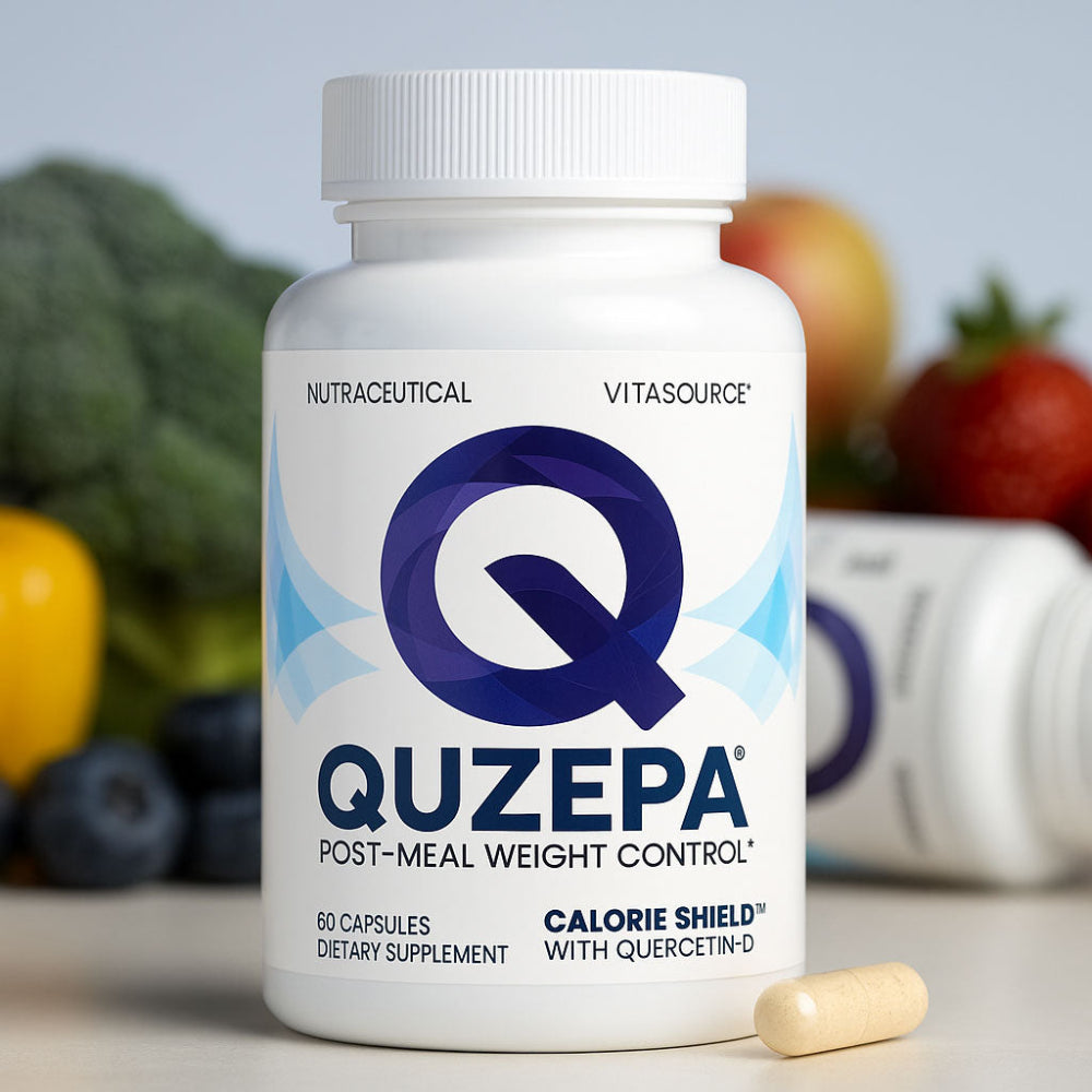 QUZEPA supplement bottle with a blurred background of fruits and vegetables